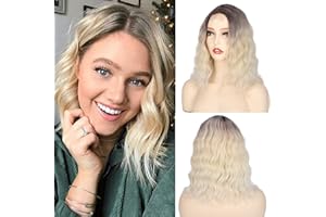 PORSMEER Parrucche piccolo front lace bionde ricce,con taglio profondo, lunghezza delle spalle, parrucca ondulata sintetica con radici scure, biondo realistico parrucca per donne bianche Ragazze