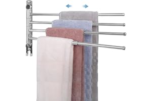 JSVER Porte-Serviettes Salle de Bain, Porte Serviette Murale avec 4 Barres 180°Rotatives Sèche-Serviettes en Acier Inoxydable Extensible jusqu'à 50 cm (Argent)