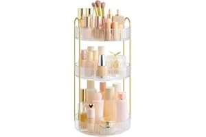 SONGMICS Makeup Organiser Rotating, 3-Tier Round Skincare Organiser, Customisable, Toiletries Cosmetics Organiser, Gift, Transparent JKA011W02