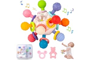 ODAPTO Pink Silicone Teether & Rattle for 0M+, Montessori Toy, Food Grade, Hand-Eye Coordination Box