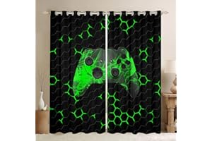 HOMEWISH Spieler Fenstervorhänge Für Jungen Geometrisches Wabenmuster Sechseck Fenstervorhänge Kinder Cool Spielen Vorhang Videospiel Gamepad Ösenvorhänge Für Spielzimmer Grün Schwarz 55 "x 69", 2 Paneele