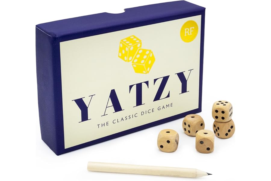 Yatzy | Classic Dice Game in Premium Gift Box | Includes 5 Wooden Dice, Pencil & Score Pad, Navy and Cream