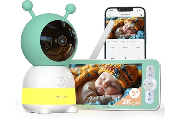 BOIFUN 2026 Babyphone Camera 2K Wifi, Camera Bebe Interieur, 5'' Écran Vidéo Sans Fil, Vision Nocturne IR Invisible, Veilleuses, PTZ 360°, Détection de Mouvement,Zoom 4X, Contrôle par App, Température