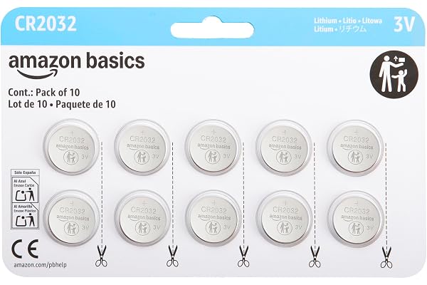 Amazon Basics - Paquete de 10 pilas de litio de botón CR2032, 3 voltios, larga duración, sin mercurio