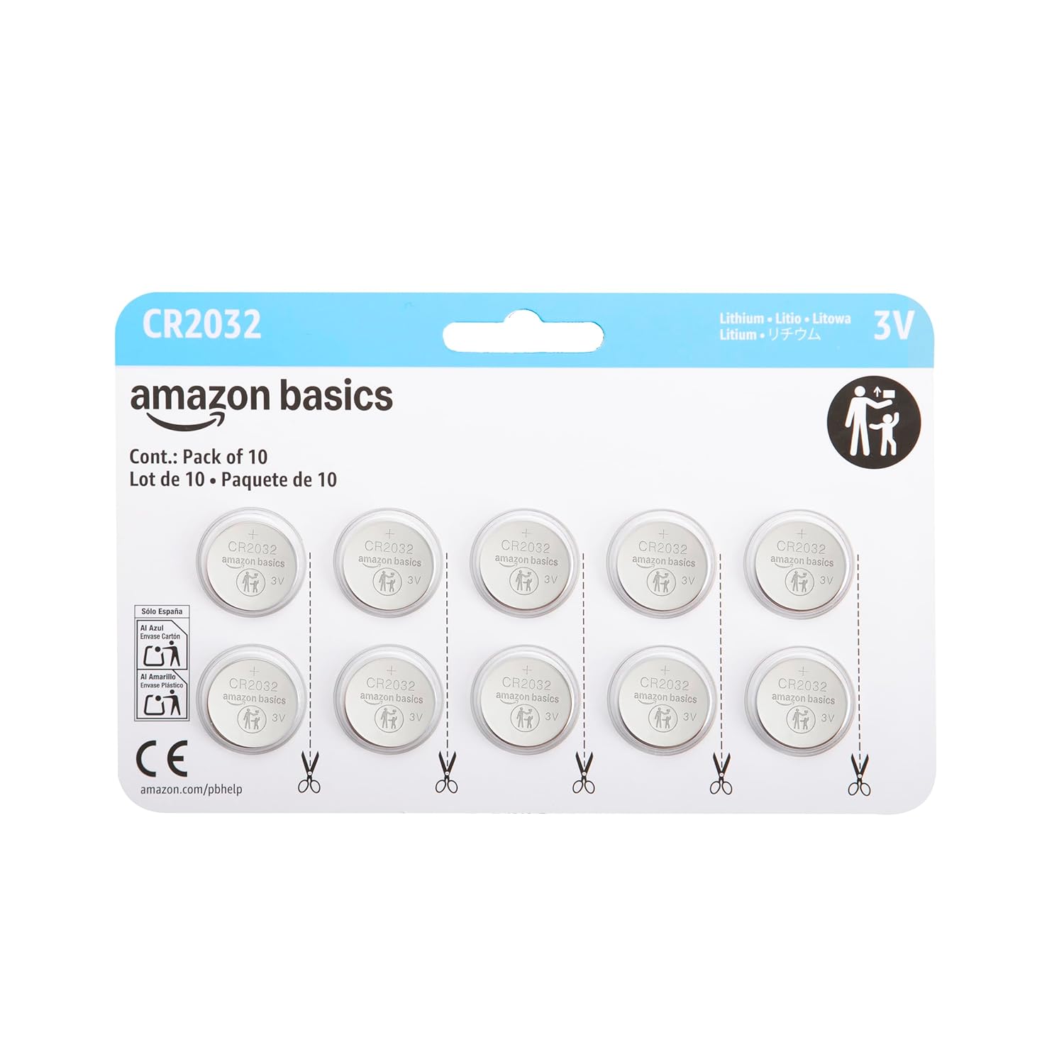 Amazon Basics - Paquete de 10 pilas de litio de botón CR2032, 3 voltios, larga duración, sin mercurio
