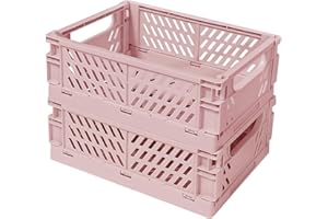 Tobeso-Nuoze Pastel Plastic Storage Baskets 2 Pack, Collapsible Crates for Organizing, Space-Saving Bins for Kitchen, Office, Bedroom (Pink, Small: 15 * 10 * 6cm)