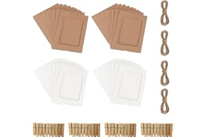 LHOEST Zestaw 40 ramek na zdjęcia z kartonu, papierowe ramki na zdjęcia z 40 drewnianymi spinaczami do bielizny i 4 linkami konopnymi, "zrób to sam", do powieszenia na ścianie, do girlandy