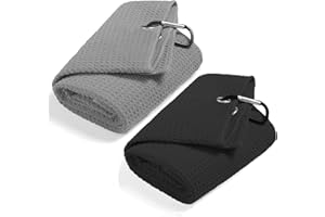 QeeHeng 2 Toallas de Golf de Tres Pliegues, Divertidas Toallas de Golf con Clip para Bolsas de Golf para Hombres, Juego de Toallas de Golf de Microfibra con patrón de gofre (Negro + Gris)
