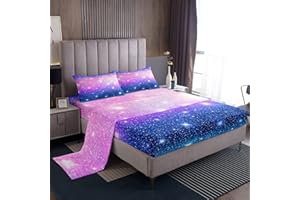 LOUSSIESD Set di biancheria da letto per ragazzi e ragazze, con motivo galassia, colore viola e blu, glitterato, con stelle scintillanti, 1 lenzuolo con angoli, per letto matrimoniale