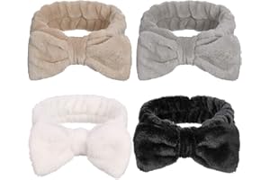 Heyu-Lotus 4 Stück Spa Bowknot Haarbänder, Coral Fleece Makeup Bow Stirnband Elastic Cosmetic Stirnband zum Waschen der Gesichtsdusche Yoga Sport Hautpflege(Schwarz, Weiß, Grau, Khaki)