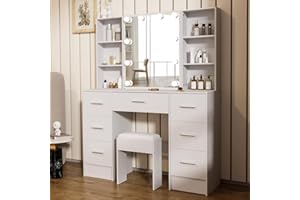 Umeiga Dressing Table & Stool set, Vanity Desk with LED Lights, Adjustable Brightness, Vanity Table Makeup Desk with 7 Drawers, 4 Open Shelves and 2 Hidden Shelves for Bedroom, White