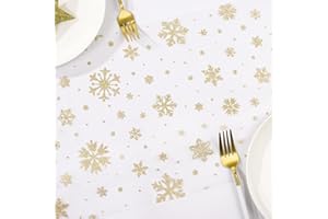 GEBETTER 11 Inches 10 Yards Christmas Table Runner Gold Glitter Snowflakes Star White Organza Tulle Roll Organza Table Runner for DIY Crafts Christmas Table Decorations Xmas Party Decor Gift Wrapping