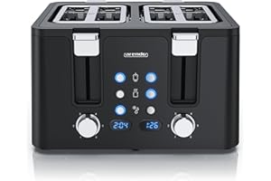 ‎ARENDO Arendo - Toaster 4 Scheiben Edelstahl - mit Brötchenaufsatz - 4 Schlitze - LED Anzeige Restzeitanzeige – Doppelwandgehäuse - Defrost Funktion - Krümelschublade - 6 Bräunungsgrade - Schwarz