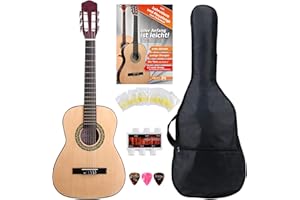 Classic Cantabile Acoustic Series AS-851-L Klassikgitarre 1/2 für Linkshänder Starter-SET (Konzertgitarre, Bag/Tasche, Schule, Plektren, Saiten, Stimmpfeife) natur