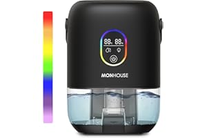 MONHOUSE Deshumidificateur - 1000 Ml - Absorbeur D Humidite Electrique Ultra Silencieux - 7 Veilleuses Colorees, 2 Modes De Fonctionnement, Indicateur D Humidite Et De Temperature - Noir