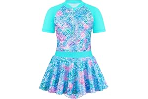 JiAmy Dziewczęcy kostium kąpielowy z spódnicą, syrenka, jednoczęściowy strój kąpielowy z majtkami, krótkie rękawy, strój kąpielowy dla dzieci, strój kąpielowy 3-12 lat