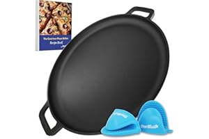 StarBlue Poêle à pizza ronde en fonte de 40,6 cm avec poignées en silicone et livre électronique de 30 recettes – Comal pré-assaisonné, essentiel de cuisine pour les amateurs de pizza, pâtisserie,