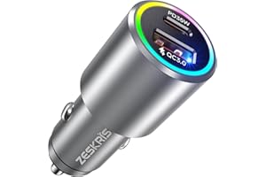 ZESKRIS 53W Ładowarka samochodowa [USB C + USB A], PD & QC 3.0 12V Szybkie Ladowanie, Led light, Metalowy Adapter do Samochodu Kompatybilna z iPhone 16 Pro Max, Samsung Galaxy S24 Ultra, Google Pixel