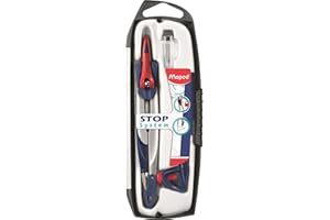 Maped - Coffret Compas Scolaire Stop System 3 pièces avec Sécurité Protège Pointe et Mine - Système de Verrouillage Breveté - Compas Mine + Bague Universelle + Étui-Mines - Dès 10 Ans