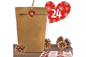 ADVENTINO ADVENTSKALENDER 24 Adventskalender Kraftpapiertüten mit 24 weihnachtlichen Aufkleber-Zahlen “Romantischer Advent“ zum Verschließen für den Adventskalender zum Basteln und Befüllen