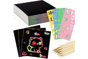 WSICSE Kratzbilder Kinder, 66 Blätter Kratzpapier Regenbogen DIY Bastelsets mit 20 Holzstifte 4 Malschablonen Kratzbücher Kratzblock für Kinder Erwachsene (8.5 x 8.5cm)