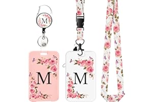 FIDWALL 2 pièces Porte Badge avec Lettres A-Z, Lanière Détachable et Clip Rétractable, Porte Cartes Personnalisé avec Enrouleurs de Badge pour Femmes Infirmières Enseignants Étudiants Bureau (M)