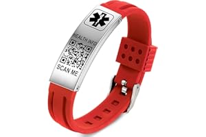 Theluckytag Bracelets médicaux pour homme et femme avec code QR - Bracelet d'alerte médicale - Bracelet en silicone étanche pour poignets jusqu'à 22,9 cm - Plus d'espace - Informations