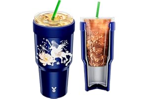 Meoky Double Wall Stainless Steel Iced Coffee Sleeve Reusable, One Size Fits All Coffee Sleeve for Starbucks, Dunkin Donuts, McDonalds (16-24oz, Blue Unicorn)