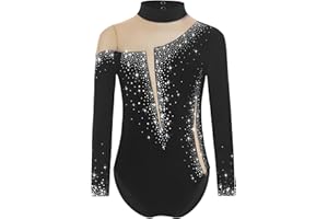 Yruioon Mädchen Turnanzug Glitzer Langarm Gymnastikanzug Strass Glänzend Eiskunstlauf Body Overall Sportbody Wettbewerb Tanzkostüm