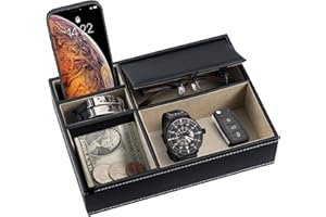 LN COZY CORNER PU Leather Valet Tray Organizer 5-Compartment Nightstand & Desk Catchall for Men/Women Storage Box for Phone, Wallet, Keys, Jewelry, Watch, Sunglasses 26 x 18.7 x 5.3 cm (Black)