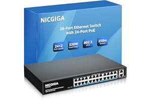 24 Port PoE Switch Unmanaged, 24 Port PoE+@320W, 2 Gigabit Uplink Ports, NICGIGA 26 Port Network Power Over Ethernet Switch, VLAN Mode, 250m Extend, 19 inch RackMount, Plug and Play.
