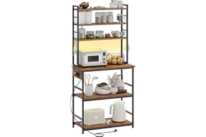 KIMENICH Scaffale Cucina, Mensola da Cucina con LED e Multipresa, Mobile Cucina per Microonde con 6 Ripiani, 8 Ganci a S, per Corridoio, Cucina, Soggiorno, 40 x 80 x 174 cm, Marrone