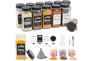 Oinvs 12 Spice Jars,Square Spice Jars With Lids and Labels,120ml Glass Spice Containers,Seasoning Jars for Spice Rack Cabinet Drawer with Sprinkle Insert, Chalk Stick, Funnel & Brush, Black Lid