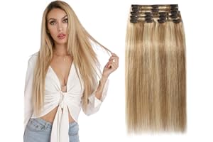 Elailite Extension Capelli Veri Clip Volumizzante Balayage 55cm 160g - 8 Fasce Folte Double Weft 100% Remy Human Hair 12#/613# Marrone Chiaro/Bleach Biondo