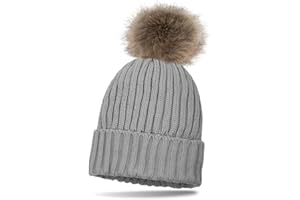 styleBREAKER Gorro de Punto para niños con Pompones, diseño de Rayas perladas y Forro de termofleece, Gorro de Invierno con Pompon de Piel sintética 04024031