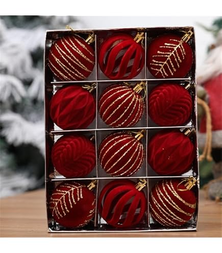12 Boules De Noël Floquées Velours Marron - 4 Cm, Motifs Peints, Boucle Métal, Décoration Sapin élégante