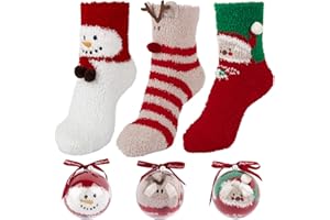 BOFUNX 3 Pares Calcetines Navideños Divertidos de Invierno Grueso Caliente de Coloridos con Dibujos Animados de Navidad Regalos para Mujer Hombre Talla Única+3 Bolas de Navidad Transparente
