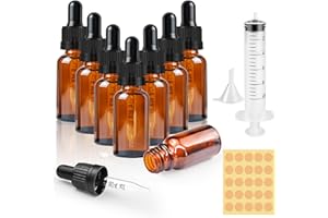 CoKeeSun Dropper Bottle Glass 10ml, 8 Pcs Brown Dropper Bottles with Pipettes, Reusable Amber Glass Bottle Set with Funnel Needle Syringe Catheter Stickers for Hair Oil perfumes Cosmetics Storage
