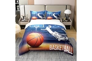HOMEWISH 100% Baumwolle Jungen Basketball Bettbezug 135x200,Basketball Spieler Bettwäsche Set für Kinder,Wettkampfsport Spiel Tröster Bezug,Moderne Basketball Court Bett Sets mit1 Kissenbezug