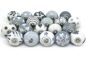 Ajuny zestaw gałek ceramicznych 20 sztuk – szary i biały, błyszcząca powierzchnia, ręcznie robione gałki do szafek na kuchnię, łazienkę, komody, szuflady, dekoracyjne ceramiczne uchwyty, zestaw
