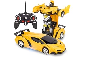 RAVSOOL Remote Control Transform Car Rc Robot Rechargeable 360°Rotating Stunt 1:18 Deformation Racing Car Toy with Cool Sound Light One Button Deformation into Robot