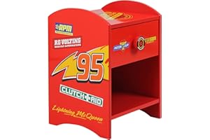 Disney Cars Rayo McQueen Mesita de noche de madera resistente, diseño de 2 niveles, gran almacenamiento, pequeña mesa auxiliar con cajón y estante de almacenamiento, para dormitorio infantil