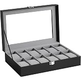 SONGMICS 12 Slots Watch Box, Watch Box, Display Box, Glass Lid, Removable Pads, Metal Lock, Black Coating and Grey Lining JWB