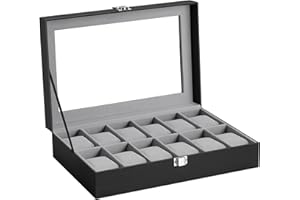 SONGMICS Watch Box with 12 Slots, Watch Case with Glass Lid, Watch Display Box with Removable Watch Pillows, Metal Clasp, Gift Idea, Black Synthetic Leather, Greenish Grey Lining JWB12BK