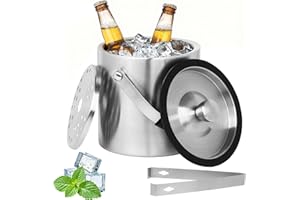 DUBUOZA 1,6 L Eiswürfelbehälter, Eiskübel mit Deckel,Eiswürfelbehälter Edelstahl mit Clips und Sieb,Tragbar Eiskühler, ideal zur Kühlung von Getränken, Eisschalen, Bier und Wein