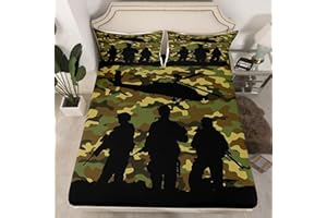 MANFEI American Soldier Fitted Sheet Single Size, Cartoon Aircraft Bed Cover with 1 Pillowcase, Army Green Camouflage Bedding Set 2pcs for Kids Boys Room Decor, Soft Polyester Bedding