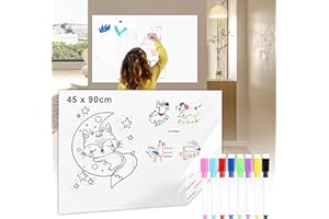 Joaecosmhui Tableau Blanc Auto-adhésif (45 x 90cm), Tableau Blanc Effacable Ultra-flexible avec 8 Marqueurs Effaçables, Facile à Coller et Décoller, Sans Résidu pour Plannings de Repas, Cuisine Liste