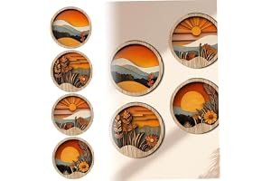 StaZamor Boho väggkonst set med 4 runda trähängande väggdekor med självhäftande baksida naturligt träfiber bohemisk konst för vardagsrum sovrum kontor, stil-1