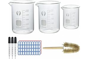 Reyshin 100ml 250ml 500ml Glass Beaker Set,3 Pack Measuring beakers with 3 Glass droppers, 1 Clean Brush,2 Stickers for lab Science Experiment Kitchen (100ml+250ml+500ml)