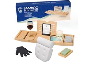 Tranquil Tides Bamboo Bath Tray Set with Luxury Pillow – Wooden Bath Shelf, Caddy, Board & Rack, Bathtub Table, Over Bath Tray & Bath Accessories for Women
